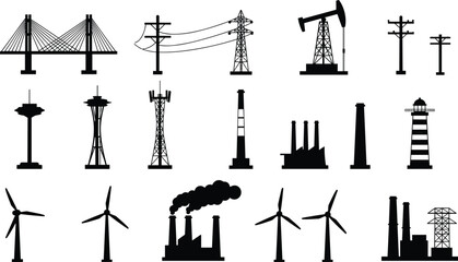 Set of black industrial silhouette icons, featuring power lines, oil pump, wind turbines, factories, chimneys, and lighthouses for energy infrastructure design © Titan