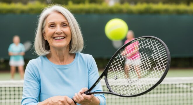 Happy senior woman playing tennis on a court with friends