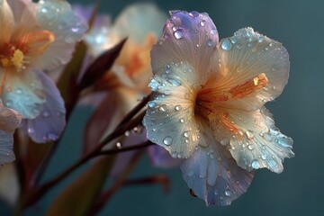 Close-up of a delicate flower with dew drops, showcasing vibrant colors and textures.