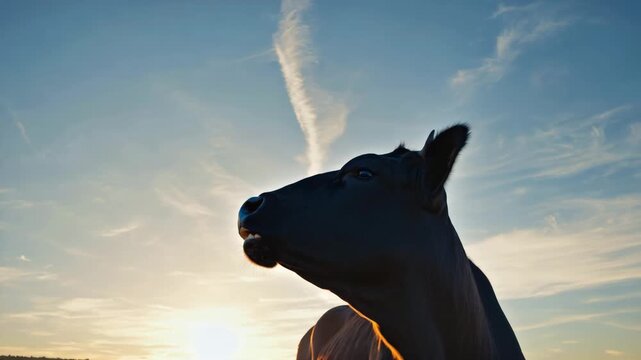 Joyful cow mooing at sunset, celebrating freedom in a vibrant sky, rural bliss captured dynamically