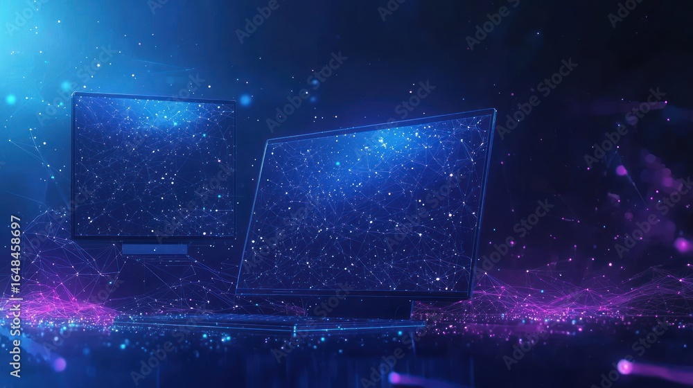 Poster laptop and monitor. computers themes in low-poly wireframe starry sky and cosmos style. technology a