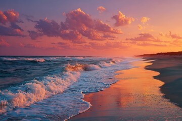 Serene Ocean Waves at Sunset with Dramatic Pink and Orange Clouds