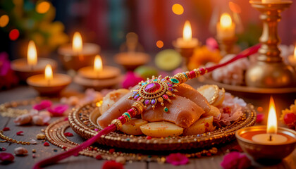 Close-up of a Raksha Bandhan celebration with a rakhi, food, and candles.