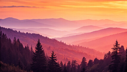Obraz premium Layered mountain ridges create purple and orange silhouettes during golden hour sunset with misty atmospheric forest landscape below.