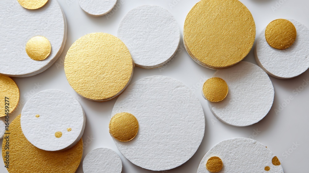 Poster abstract arrangement of textured white and gold circular forms scattered on a light background