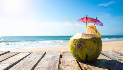 A refreshing coconut drink with a straw and umbrella on a sunny beach with ocean view.