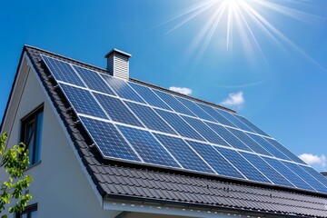 Obraz premium Solar panels installed on a modern house rooftop under a clear blue sky with sunlight shining
