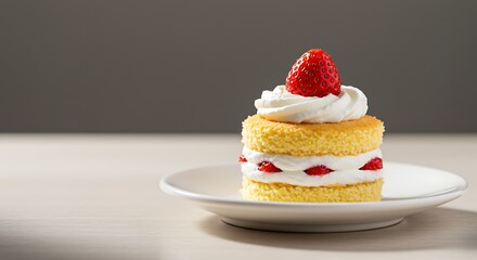 An elegant individual strawberry shortcake with layers of sponge, fresh whipped cream, and ripe berries on a white plate.