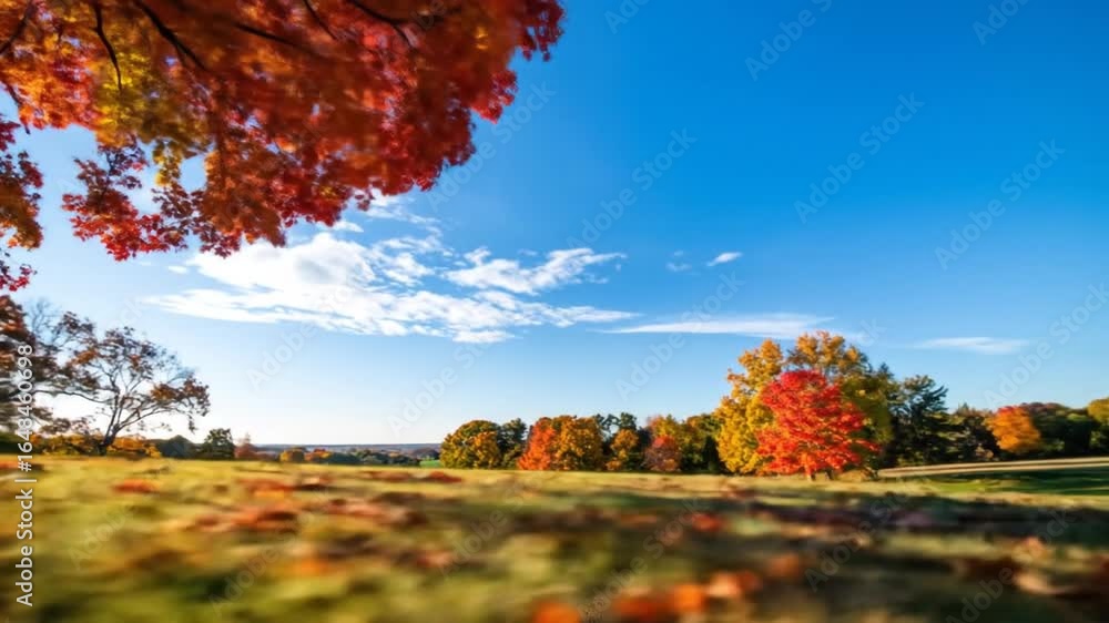 Poster vibrant autumn foliage on trees under blue sky in open field with distant trees and cloudscape creat
