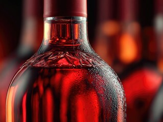 Close-up of a chilled glass bottle filled with vibrant red liquid, condensation droplets visible on the surface.