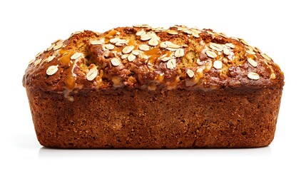 Delicious Homemade Oatmeal Bread Loaf with Caramel Drizzle Isolated on White