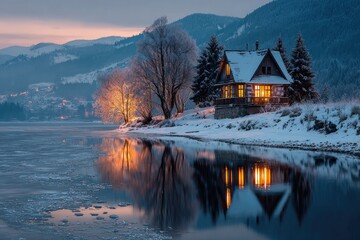 Fototapeta premium Cozy cabin illuminated by warm lights on a snowy winter evening by a frozen lake