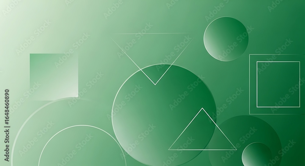 Poster abstract composition with circles, triangles and squares in shades of green for design projects