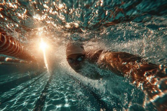 Underwater view of a swimmer in a pool with sun rays piercing the water - Powered by Adobe