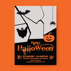 Spooky Halloween Night Event Flyer Template, Costume Party, Trick or Treat Party, Editable Poster, A4 Leaflet, Brochure with bat, spider, ghost, pumpkina Illustration Background, Space for Image