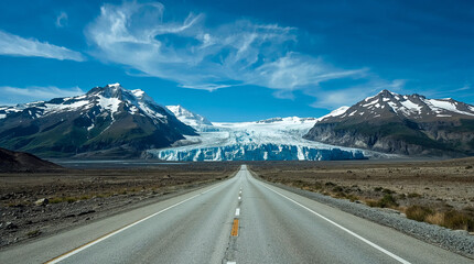 Fototapeta premium A straight, empty highway leads directly towards a majestic, vast glacier flanked by snow-capped mountains under a clear blue sky with wispy clouds.