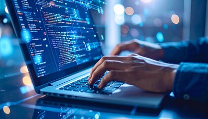 Coding on Laptop – Programmer Typing with Bokeh Background and Lines of Code on Screen