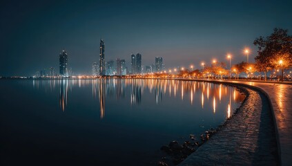 Illuminated City Skyline Reflected in Calm Water at Dusk