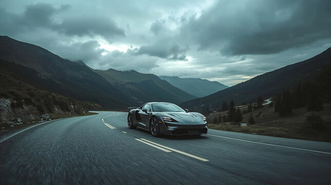 A sleek, dark supercar navigates a winding mountain road under a dramatic, cloudy sky, showcasing speed and adventure amidst breathtaking scenery. - Powered by Adobe