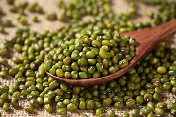 closeup of green mung beans on table.