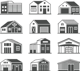 Vector set of barn, garage, warehouse, and utility building icons in black silhouette style, perfect for rural, commercial, and architectural design projects.