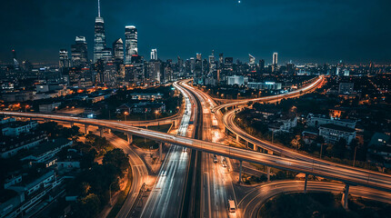 A sprawling cityscape at night, illuminated by the glow of skyscrapers and a complex network of highway interchanges, showcasing urban dynamism.