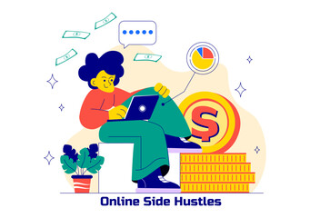 Online Side Hustles Illustration featuring Making Money or Freelancing with Earning Passive Income from Internet Jobs or Side Hustle in a Background