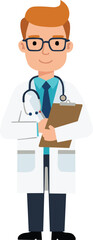 Male Doctor in White Coat with Stethoscope and Clipboard, Smiling Healthcare Professional Character for Medical, Hospital, and Clinic Related Projects