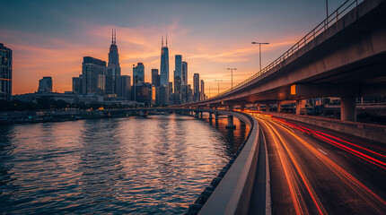 Obraz premium A vibrant city skyline at sunset, with a highway featuring light trails curving into the distance over a tranquil river.