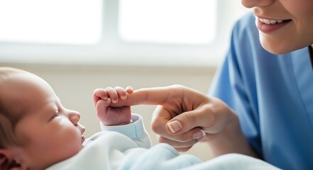 Newborn baby holding the finger of a smiling doctor in a hospital setting filled with hope and
