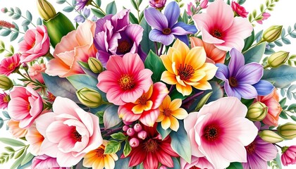 Vibrant watercolor floral bouquet, lush blooms & foliage, painted in soft hues,  rose,  digital