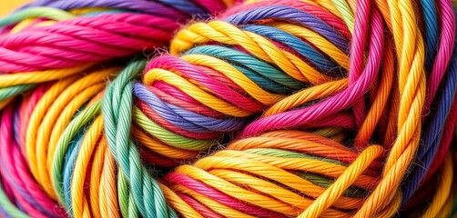 Vibrant yarn twisted into colorful stripes, close-up,  detail,   colorful texture
