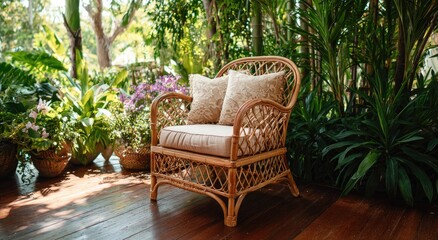 Obraz premium Rattan chair with pillows in lush garden setting