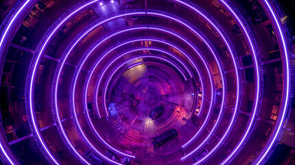Obraz premium An aerial view of a spiraling structure illuminated by vibrant purple neon lights, with cars visible on different levels. The scene evokes a sense of depth and futuristic design.