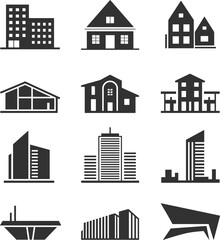 Vector set of residential, commercial, and modern architecture building icons in black silhouette style for real estate, urban, and construction design projects.