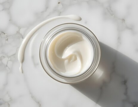 Luxurious face cream in a glass jar on elegant marble surface for skincare advertising and beauty products