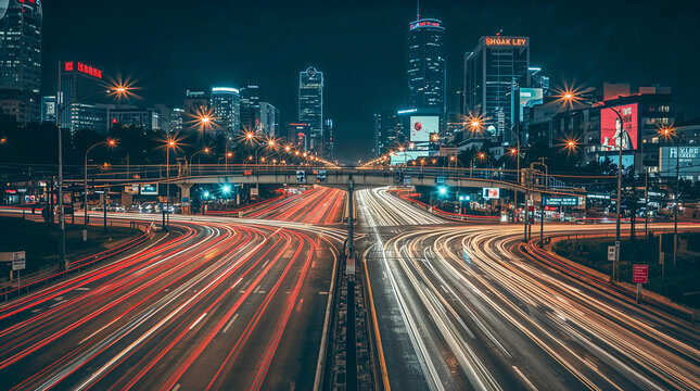 City highway interchange at night with light trails from traffic, illuminated buildings, and streetlights, creating a vibrant urban scene.