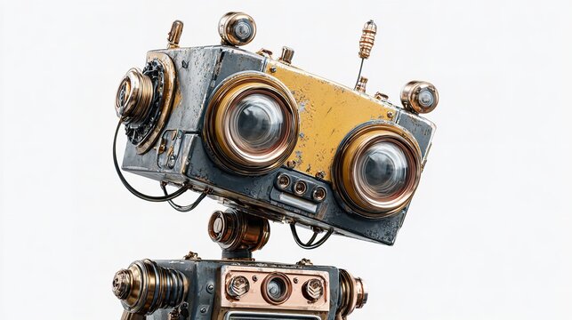 Curious Robot with Golden Accents Gazing with Large, Reflective Lenses Into the Distance