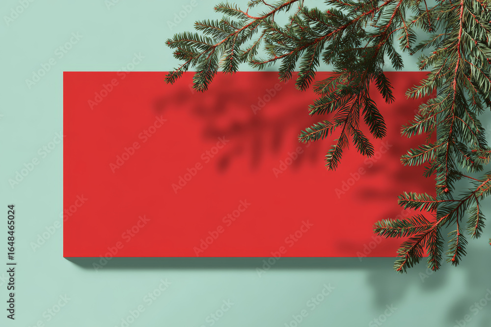 Aufkleber red rectangular card with pine tree branches casting shadows on light blue background, creating fest