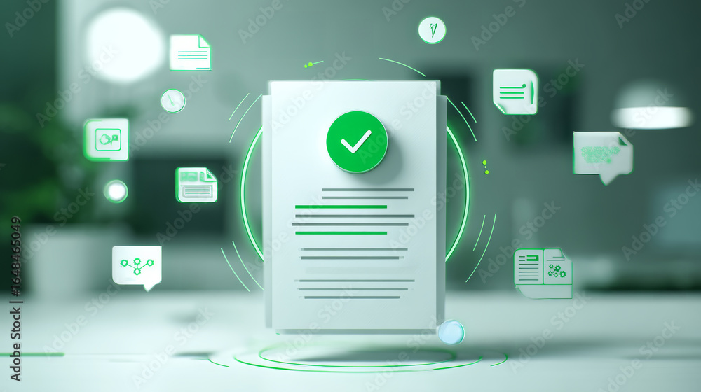 Poster approved document with checkmark icon floating above table in modern office environment