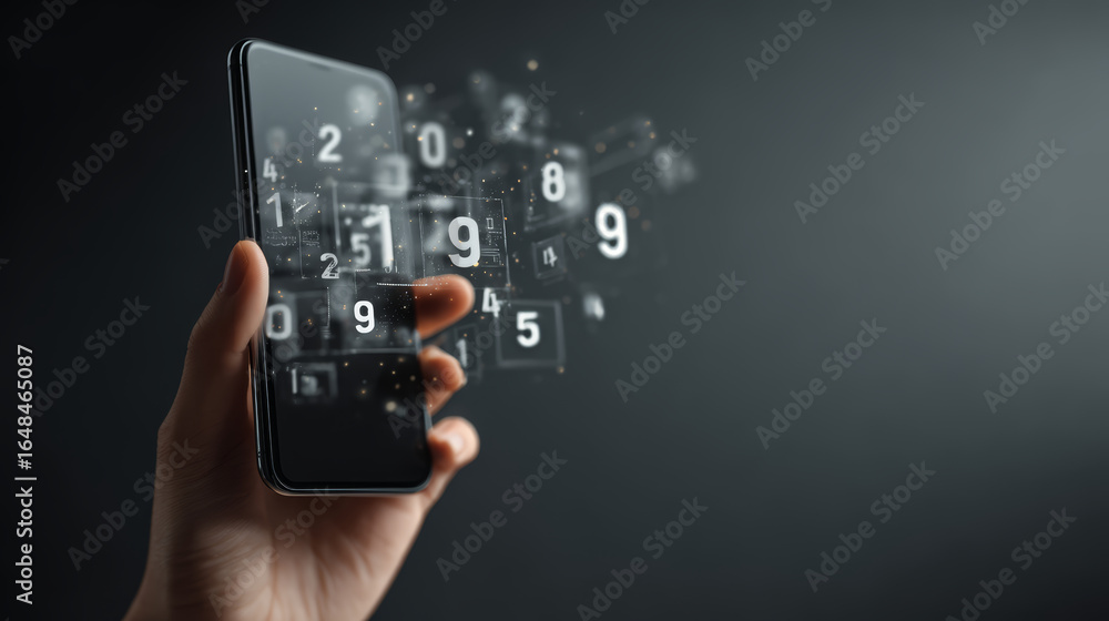 Poster digital numbers floating from smartphone screen held by hand, technology concept with dark backgroun