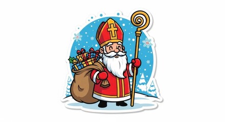 Saint Nicholas Character with Gifts and Staff on a Snowy Day