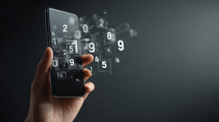 Digital numbers floating from smartphone screen held by hand, technology concept with dark background and glowing numeric data