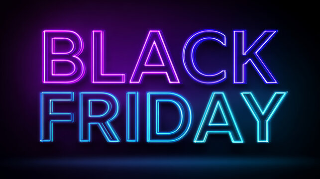 Black Friday neon sign glowing in purple and blue colors on dark background, vibrant and eye catching design for sale event promotion