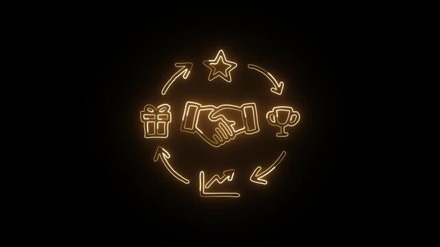 Glowing neon customer loyalty icon animation with black background. HD animated outline of reward program video loop.