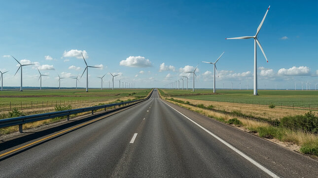 A long, straight highway leads through a vast field of wind turbines under a clear blue sky with scattered clouds.