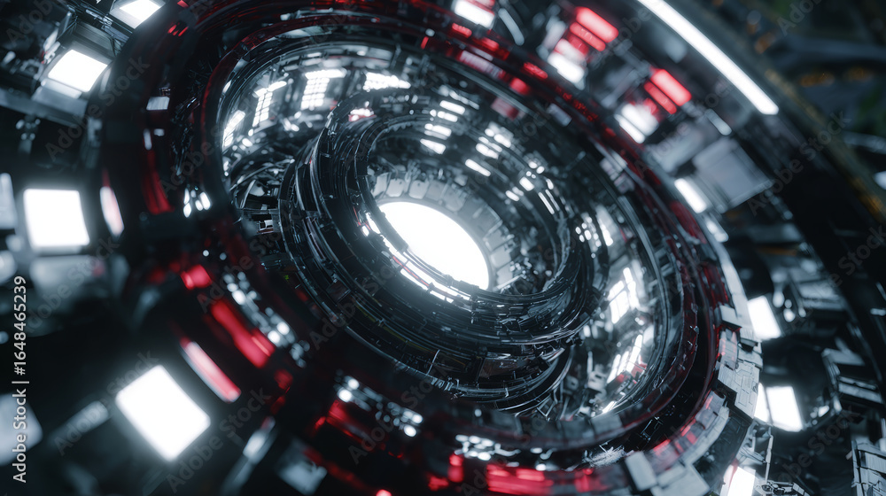 Poster futuristic metallic circular structure with glowing lights and intricate mechanical details creating
