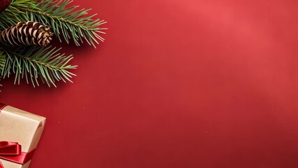 Christmas presents delivery service. New Year video. Preparation for holidays. Gift box wrapped in paper with red bow on red background with christmas decoration. Concept greeting card with copy space - Powered by Adobe