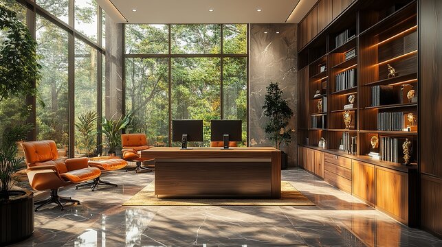 Luxurious modern executive office interior with a massive wooden desk, floor-to-ceiling windows, and a lush green forest view