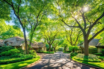 Sunlit Residential Street with Lush Trees and Homes